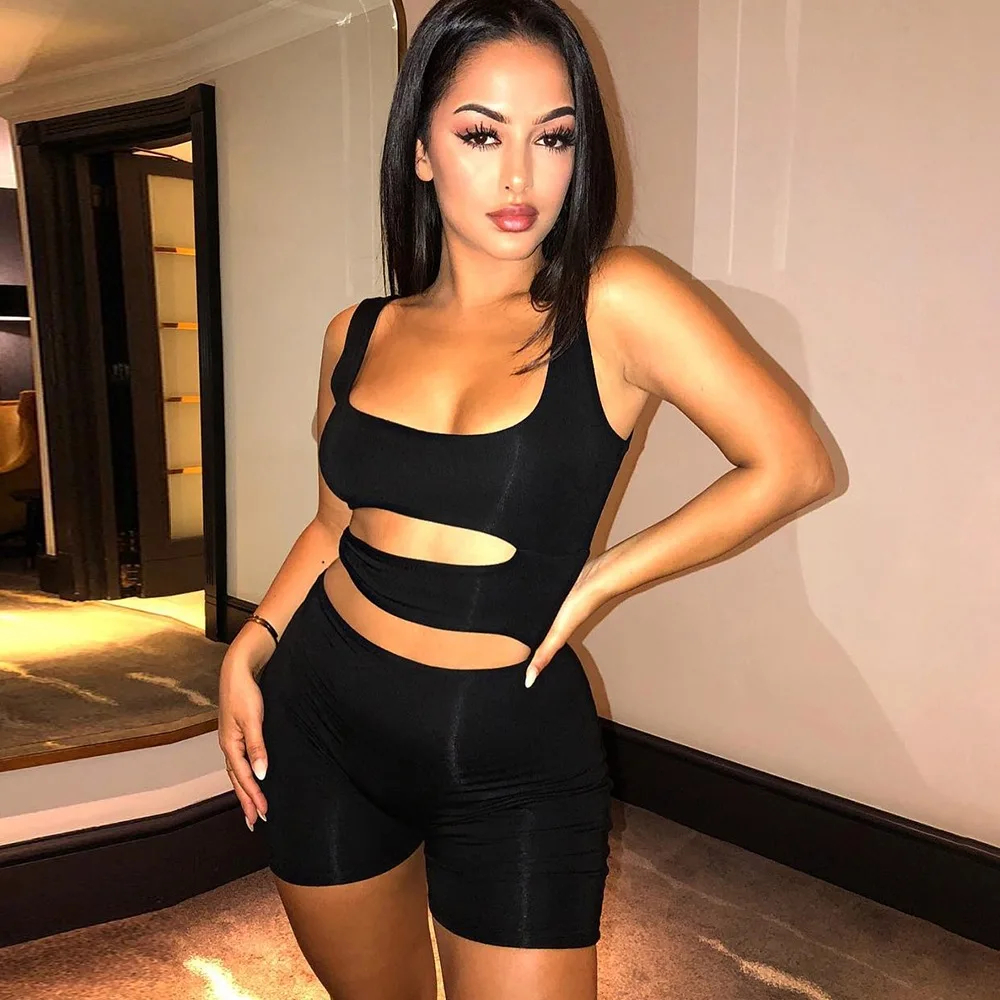 Black Cut-Out Sexy Backless Playsuits Casual Fitness Summer Bodycon Jumpsuit Women Fashion Body Stretchy Shorts