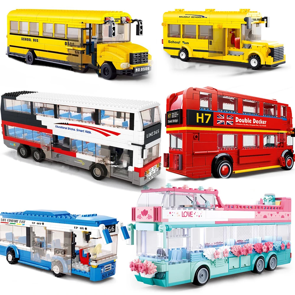 

City Cars Classic Retro Technique Building Blocks Vehicles Camper Vans Traffic Bricks Gifts Children Education Toys School Bus