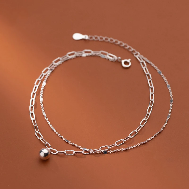 

Round Beads Ankle Bracelets Woman Silver Chain 925 100% On The Leg Foot Jewelry Double Layer Chain 21 CM Adjustable Female Gift