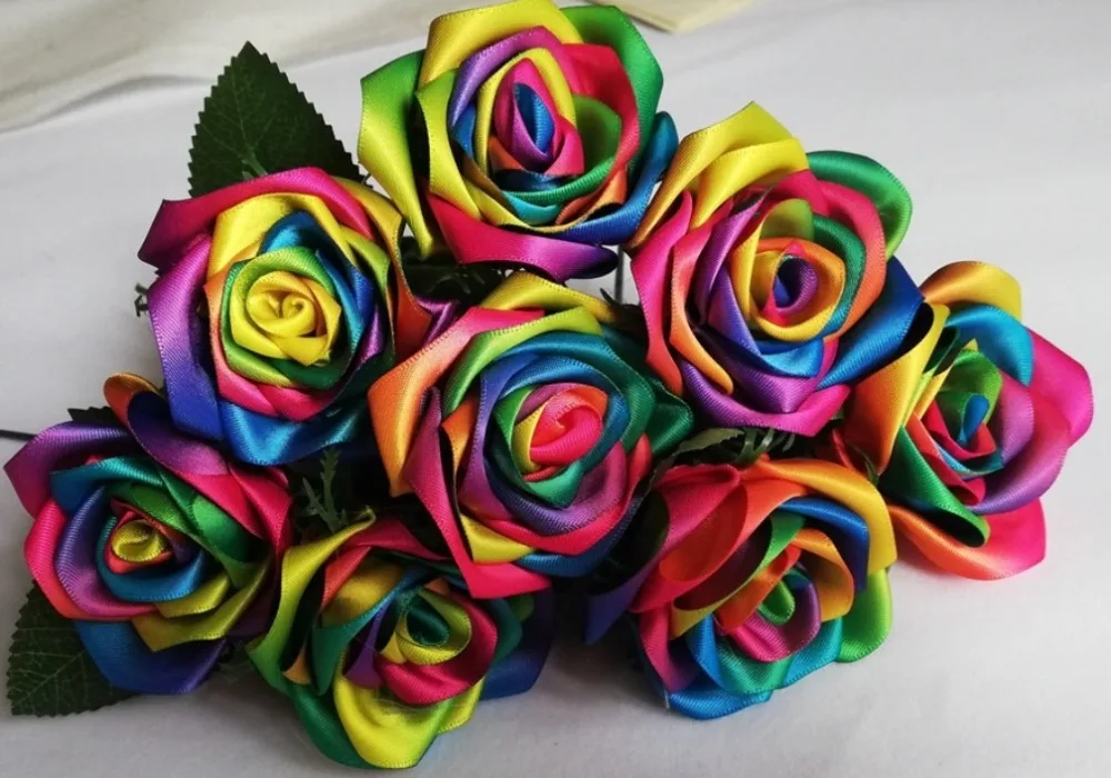 Rainbow colour rose flowers Handmade silk satin Rose Flowers Wedding Bridal Bouquet Home Decoration  wedding flowers