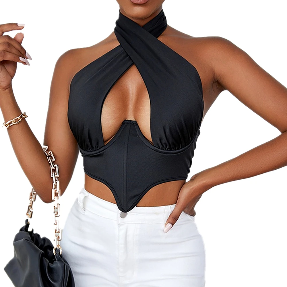 

2021 Women's Cropped Brown Top Criss Cross Tank Sexy Sleeveless Solid Cutout Front Top Party Club Streetwear Lady Bustier Tops