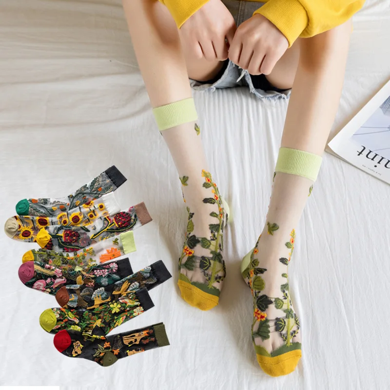 1Pair Japanese Korea Fashion Jacquard Women Summer Cool Creative Floral Transparent Silk Trend Print Ultrathin Glass Silk Socks