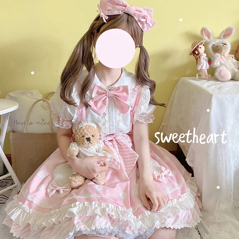 Sweet Jsk Lolita Dress Summer New Japanese Bow Dots Ruffle Baby Doll Spaghetti Strap Dresses Women Fashion Kawaii Cute Clothing