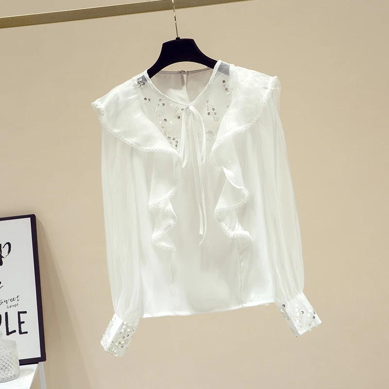 Women Fashion Blouse 2021 Spring New Long-sleeved Lace Ruffle Flashing Chip Mesh Thin Shirt Female Puff Sleeve Chiffon Shirt Top