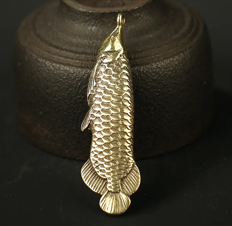 Handmade Pure Brass retro gold arowana fish craft DIY ornament Miniature Fitting Keychain Pendant souvenir gift a0901