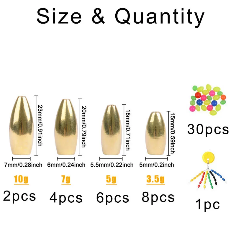 51pcs/box Pure Bullet Brass fishing sinkers 3.5g 5g 7g 10g Texas rigs worm fishing Copper Weights tools set for Fishing tackle