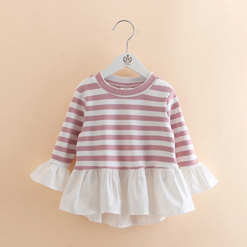 2024 Spring Autumn Fashion 2-6 Years Kids Children Tees Tops Cotton O-Neck Striped Patchwork Long Sleeve T-Shirts For Baby Girls