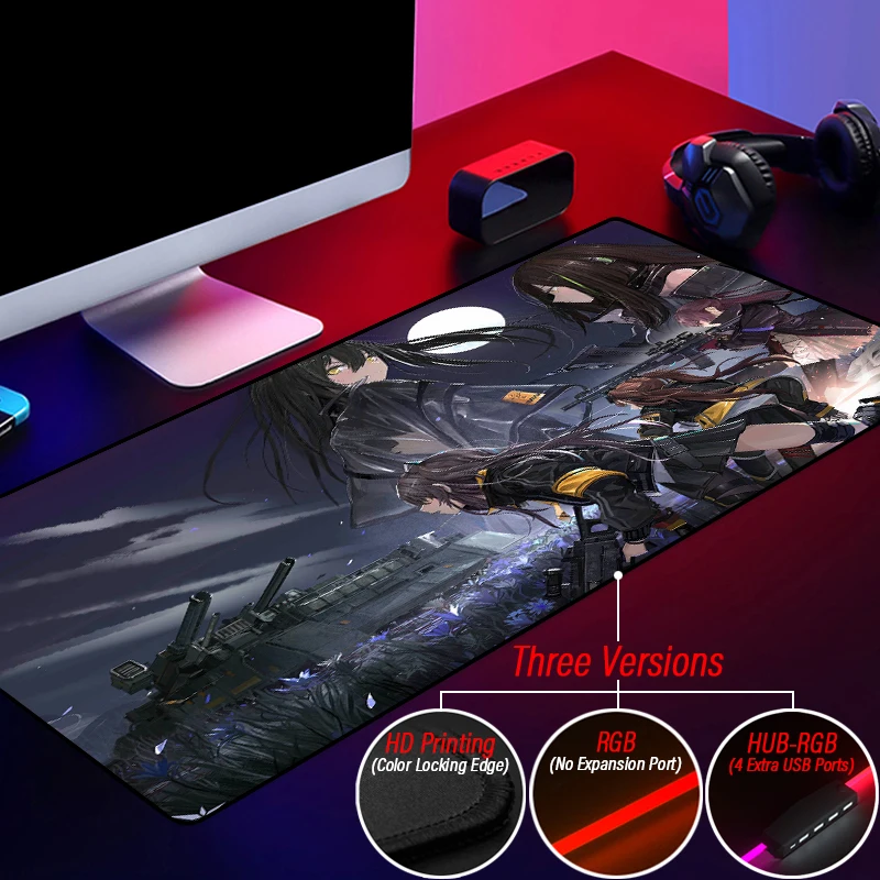 Personalized RGB Girls Frontline Gaming Mouse Pad HUB 4 Port USB Accessories Mousepad Customized Locking Edge Washable Desk Mat