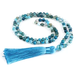 Natural 6mm Striped Agates Stone Necklace Prayer Buddha 108 Mala Beads Blue Tassel Bohemian Necklaces for Men Women Yoga Jewelry