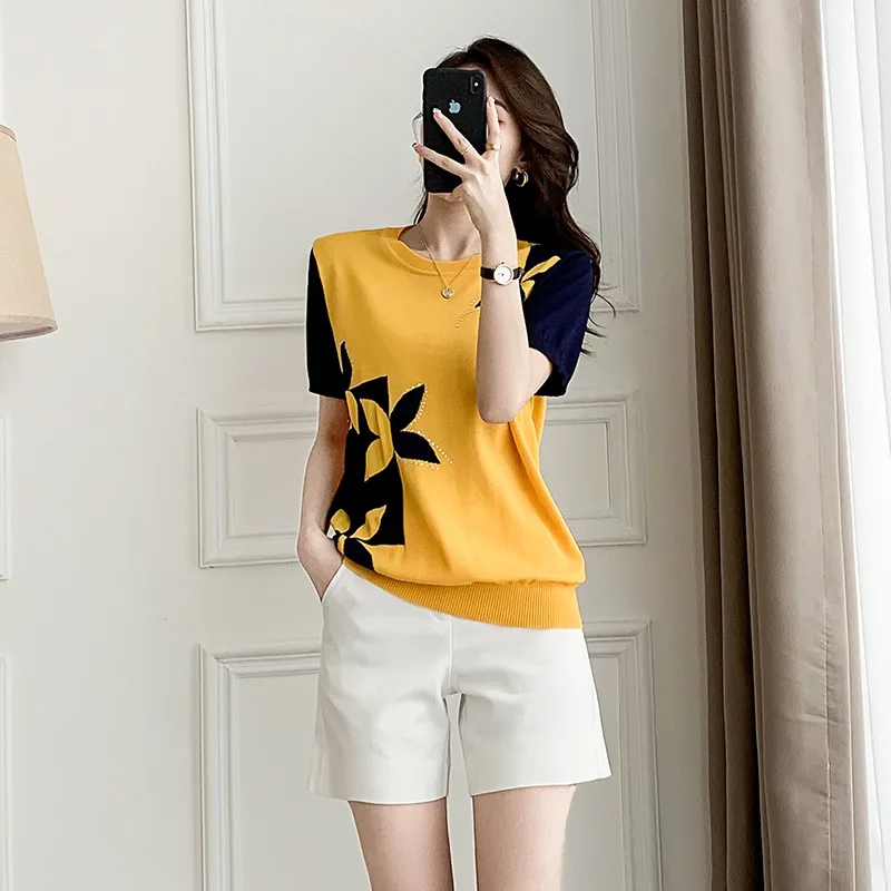 

Ice Silk Knit Short Sleeved T Shirt Nice Summer Women's Round Neck Jacquard Contrast Color Lady Top Thin Yellow Clothing Women