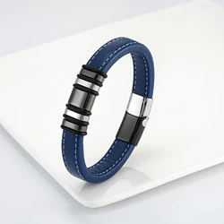 2021 New Fashion Simple Punk Style 5 Ring Stainless Steel Men's Classic Bracelet Blue Wide Leather Rope Charm Bracelet