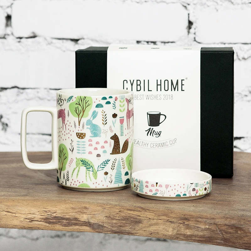 

Ceramic Nordic Creative Cartoon Mug With Lid Breakfast Milk Coffee Tea Cup Couple Water Cup Porcelain Drinkware Gift Box