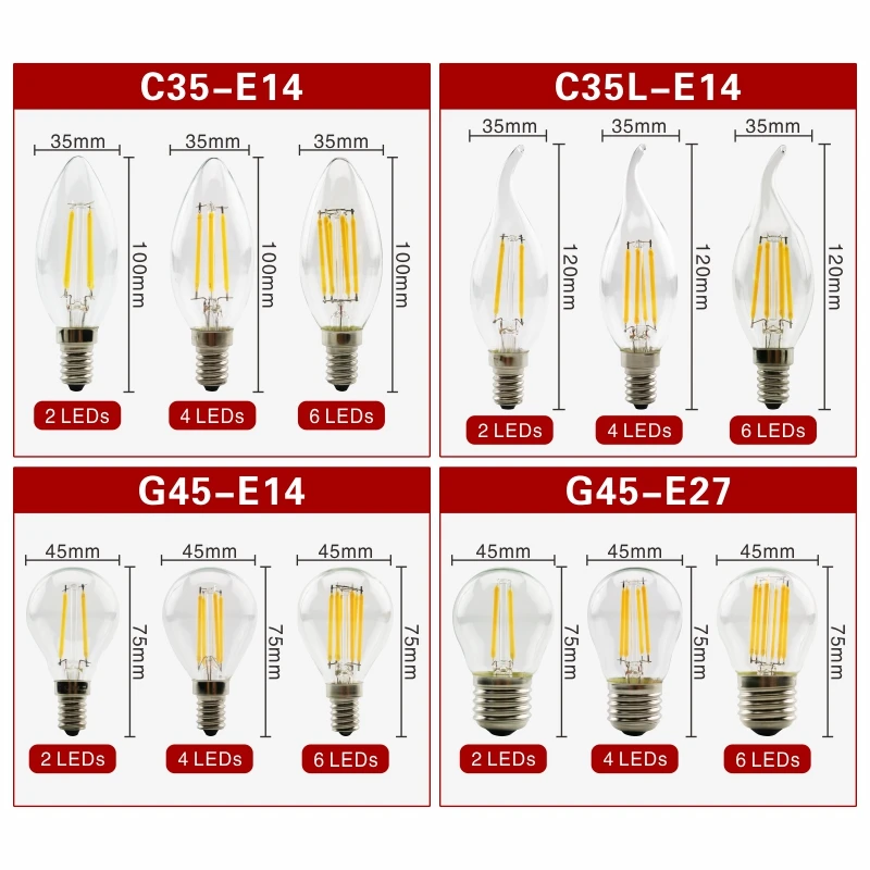 10pcs/lot E27 E14 Retro Edison LED Filament Bulb Lamp 110V 220V Light Bulb C35 G45 Glass Bulb Vintage Chandeliers Candle Light