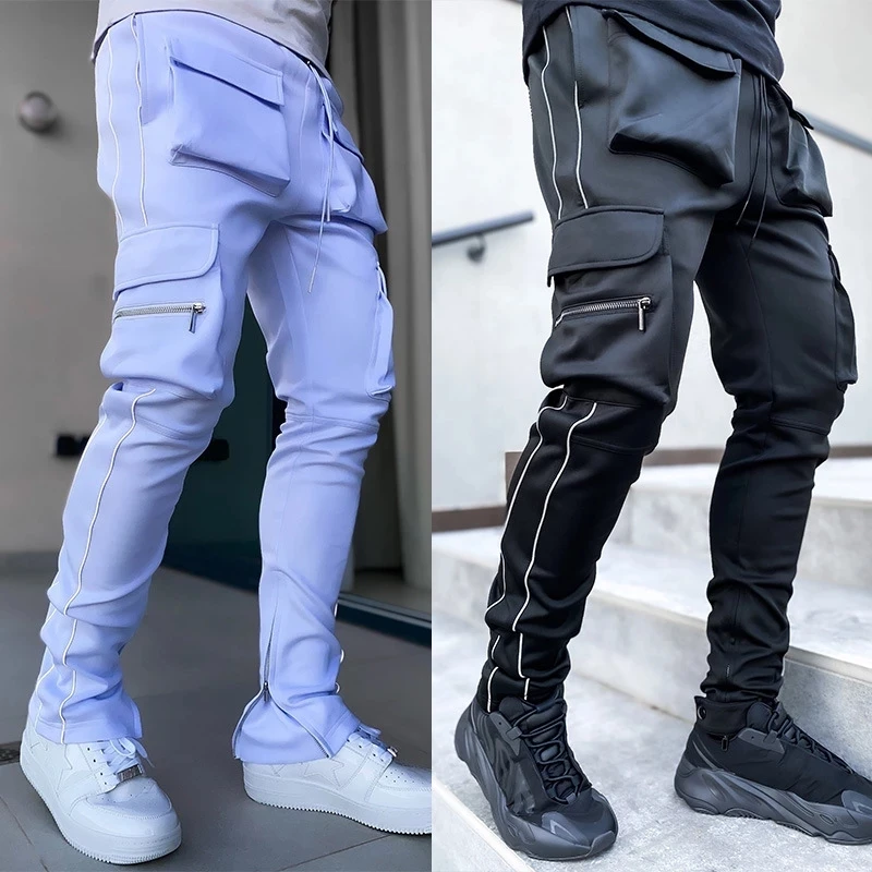 Men's Skinny Pencil Pants with Multiple Pockets Male Outdoor Jogging Pants Stacked Harem Pants High Street Clothing