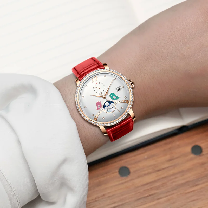 LOBINNI Элегантные женские часы с бриллиантовым дизайном, циферблат с фазой Луны, автоматические механические часы, женские часы с сапфировым стеклом