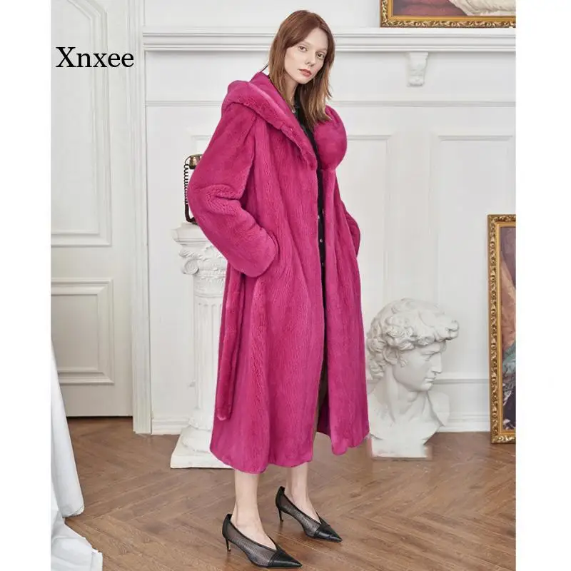 

Long Faux Rabbit Fur Hooded Coat Women Winter Autumn Thick Warm Jackets Female Vintage Casual Coat with Belt Outwear