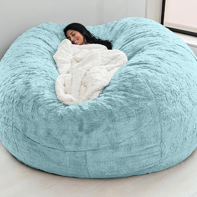 Dropshipping giant fur bean bag cover big round soft fluffy faux fur beanbag lazy sofa bed cover living room furniture