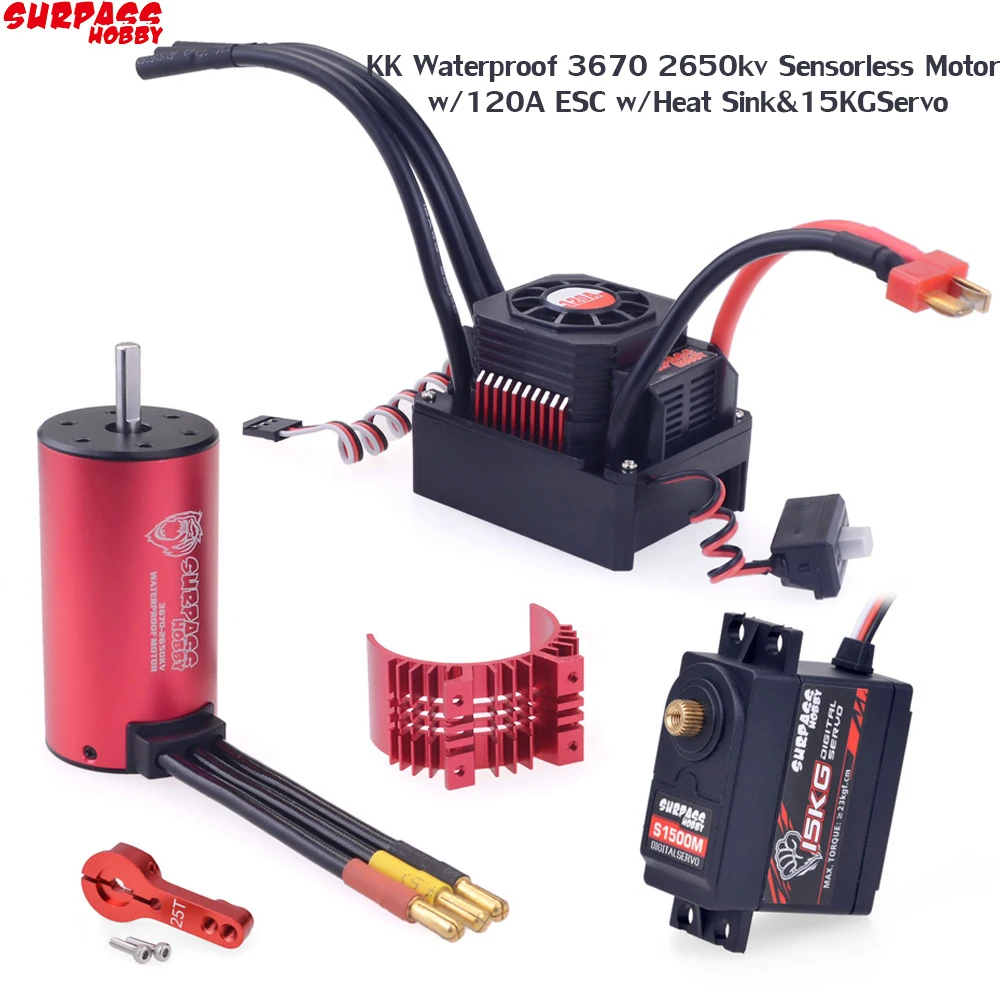 

Surpass Hobby KK Waterproof 3670 2650kv Sensorless Brushless Motor w/ ESC 120A w/Heat Sink +15KG Gear Servo For 1/10 RC Car