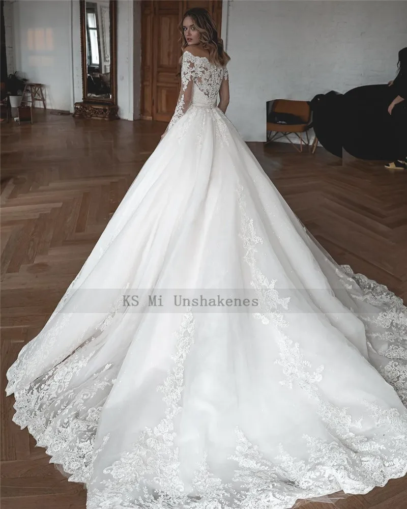 Abito da ballo da chiesa abiti da sposa abito da sposa in pizzo a maniche lunghe scollo a barchetta Vestido de Noiva Manga Longa abiti da sposa in turchia 2021