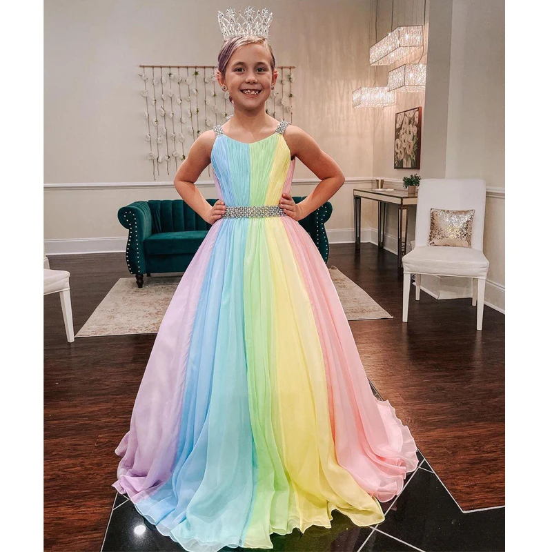 Colorful Chiffon Little Girls Birthday Party Dresses Straps-Neck V Back Sleeveless A-Line Child Prom Gown Kids Boho Wears