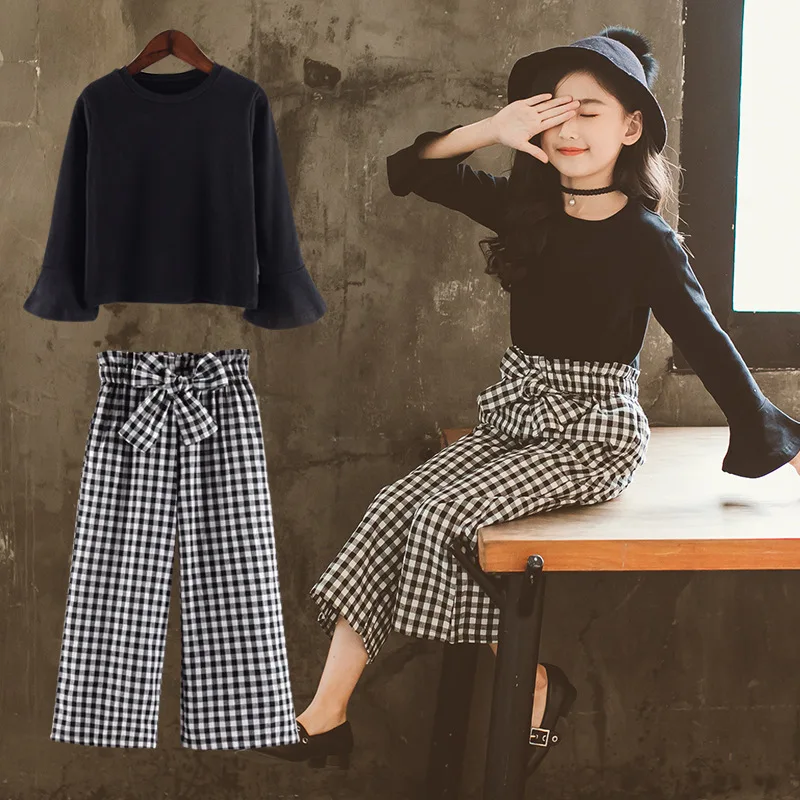 Baby Girls Clothes Sets Fashion Toldder Kids Solid Black Long T Shirt Tops Plaid Bow Pants Outfits 3 4 6 8 9 10 11 12 14 Years