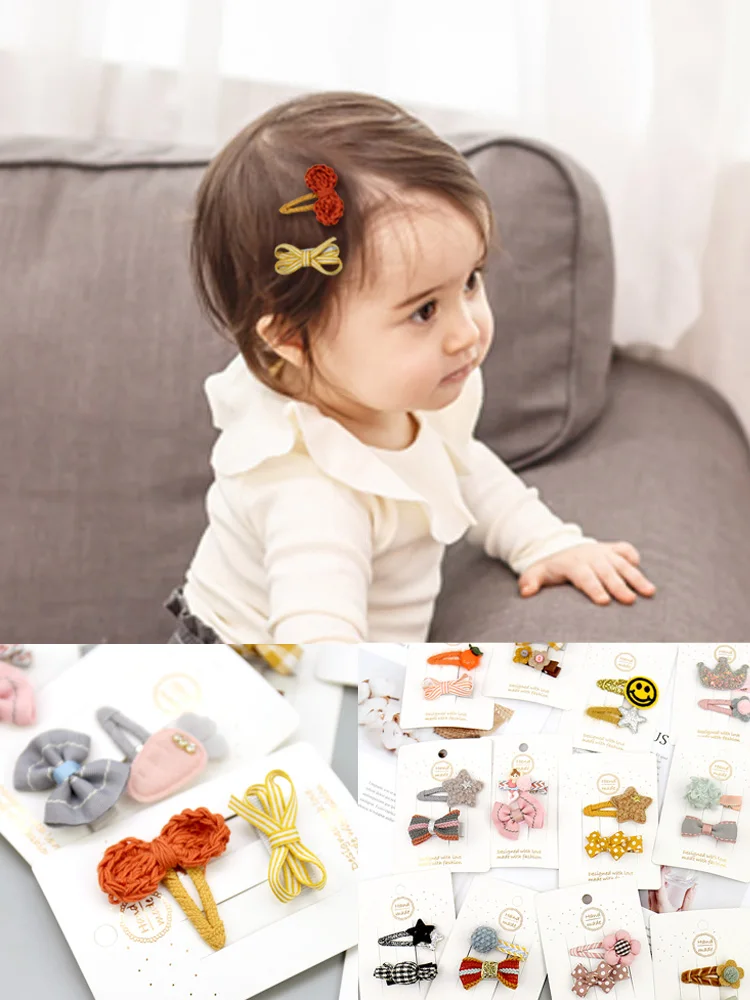 Baby Girls Hair Clips Fully Cloth Wrapped Kids Hair Stripe Dots Bows Flower Wool Ball Hairpin Barrettes Headdress