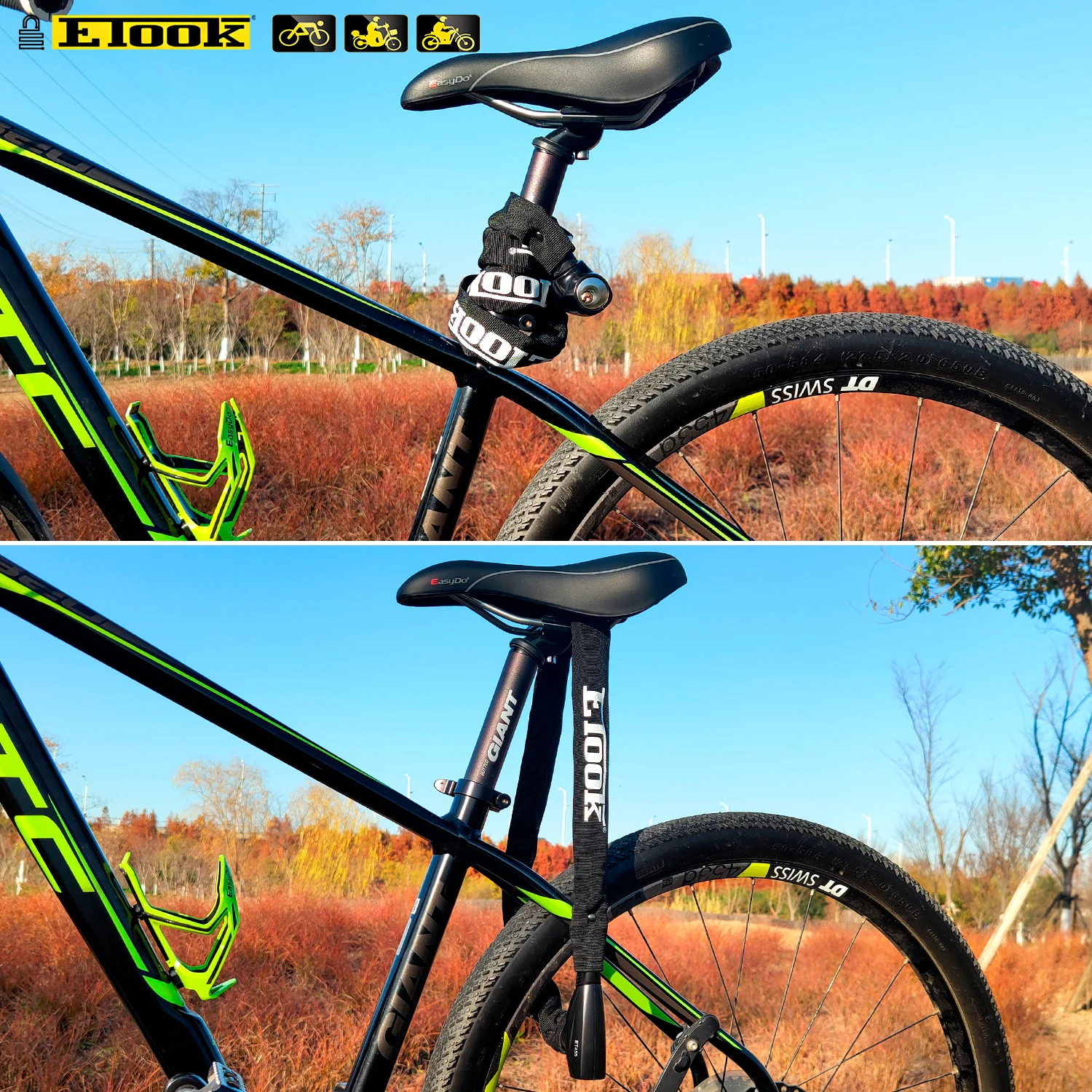 Etook bloqueio de corrente mountain road bicicleta bloqueio motocicleta/e-bike bloqueio alongar 1000mm 4 cores acessórios da bicicleta pano reflexivo