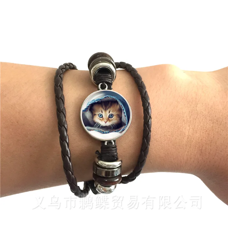 2018 Cat Pet Classic Bracelet Glass Cabochon Animal Handmade Black/Brown Leather Bangle Cat Lover Creative Gift For Friends