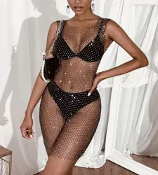 2023 Yiiciovy New Summer Women Sexy See-through Beach Bikini Cover-Ups Sleeveless Hollow Out Dress Fish Net Diamonds Sundress