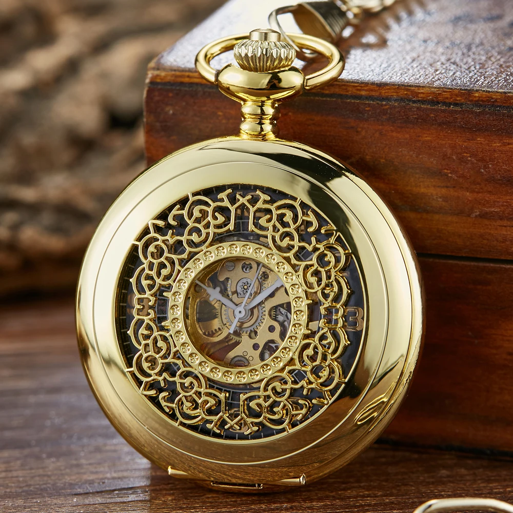 Goldene Vintage Automatische Mechanische Geschnitzt Taschenuhr Steampunk Skeleton FOB Kette Handaufzug Hohl Für Männer Frauen