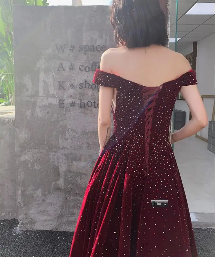 блестящий коктейль бургундского 2021 shinning off-the-shoulder A-line girls ankle length burgundy cocktail dress party gowns