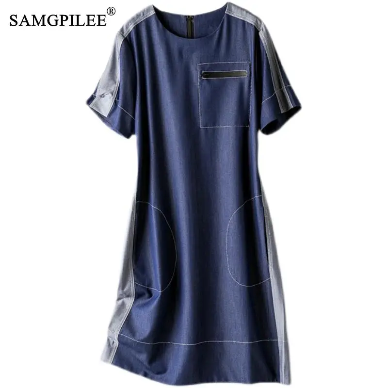 

Women Dress 2022 New Elegant Distressed Patch-style O Neck Large Pockets Knee-length Denim Blue Color Summer Dresses