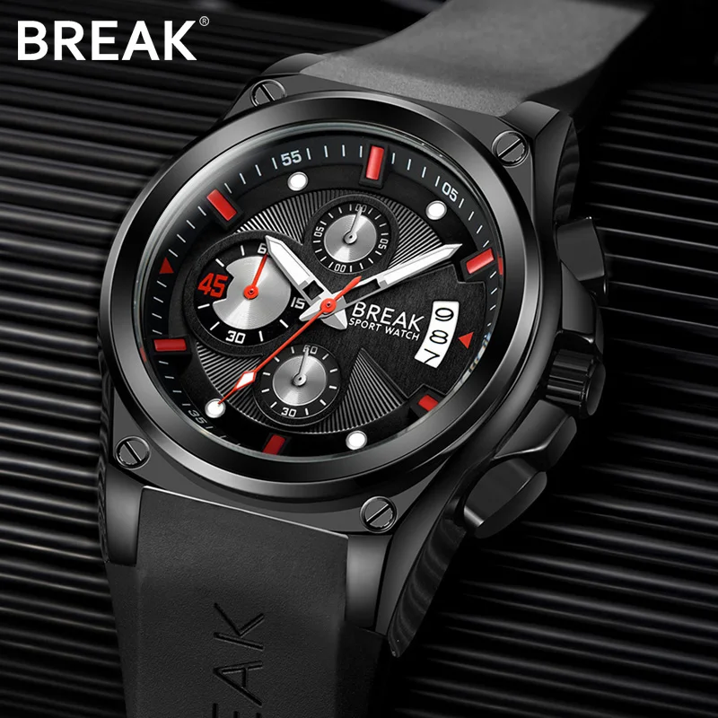 BREAK Men Luxury Popular Brand Casual Fashion Wristwatch Sport Chronograph Calendar Waterproof Rubber Band Relogio Quartz Watch