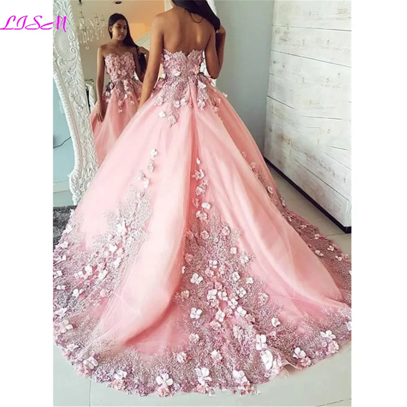 Sweetheart Beaded Appliques Prom Dresses Long Tulle 3D Flowers Party Gowns Lovely Empire Evening Formal Dress vestido de festa