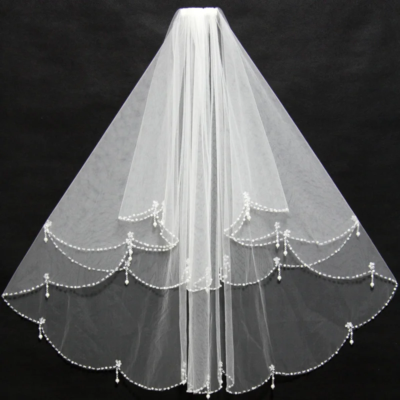 Best Quality 2 layers Short Beaded Pearl Wedding Veil White Ivory Tulle Women Bridal Veil With Comb Wedding Accessories