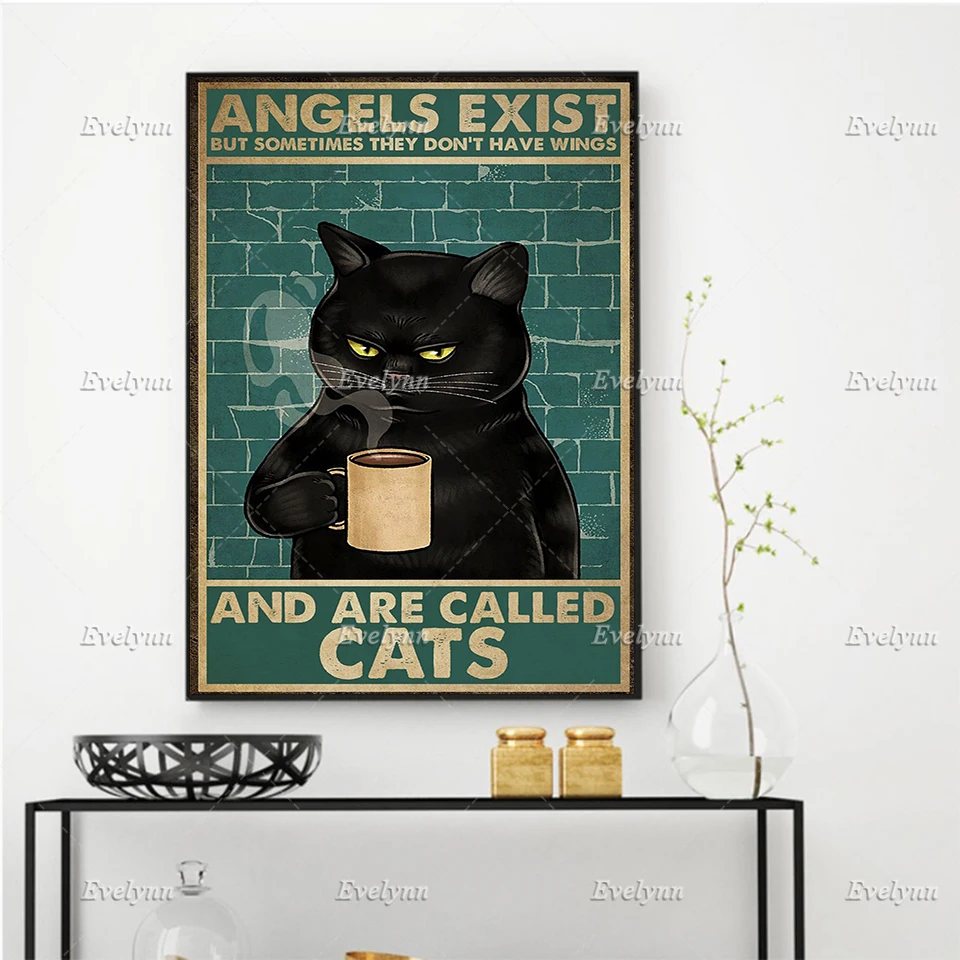 Black Cat DrinkingCoffee Poster Angles Exist But Sometimes They Don't Have WingsAnd Are Prints Home Decor Canvas Floating Frame