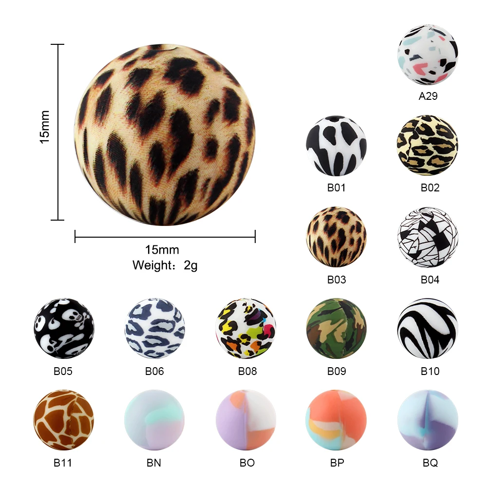 Silicone Baby Chewing Teething Beads Leopard Terrazzo Dalmatian Camo Tie Dye Print Silicone Teething Beads 15MM 10pcs Pearl