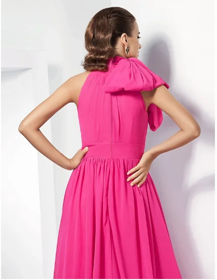 Vestido de noche Formal para mujer, traje de gasa con cuello alto y lazo, largo, color rosa, estilo celebridad, a la moda, para fiesta de graduación