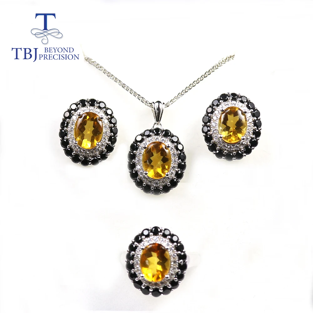 

TBJ, New Natural Brazil Citrine Jewelry set gemstone Earring ring pendant 10ct up buff top cutting 925 sterling silver