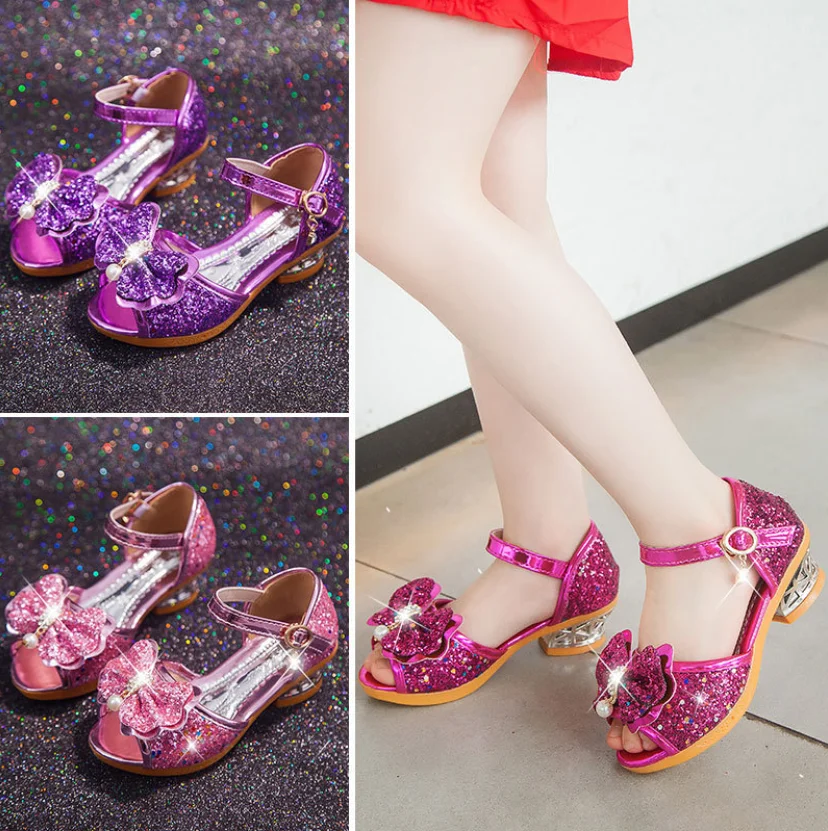 Girls Sandals Summer 2021 New Children's Princess Shoes Little Girls High-heeled Bow-knot Crystal Sandals Party Dress Wedding