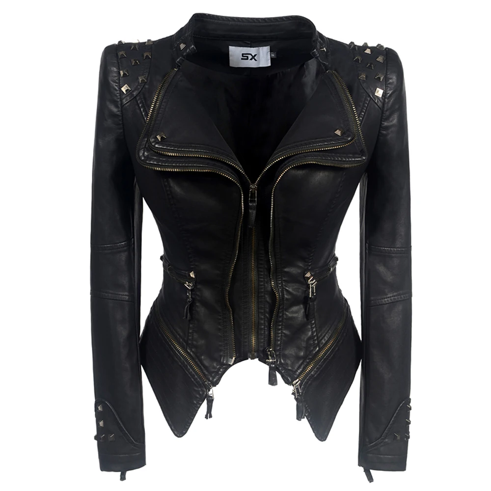 Mode SX femmes lisse moto faux veste en cuir synthétique polyuréthane dame à manches longues mince motard Streetwear serpent imprimé manteau noir