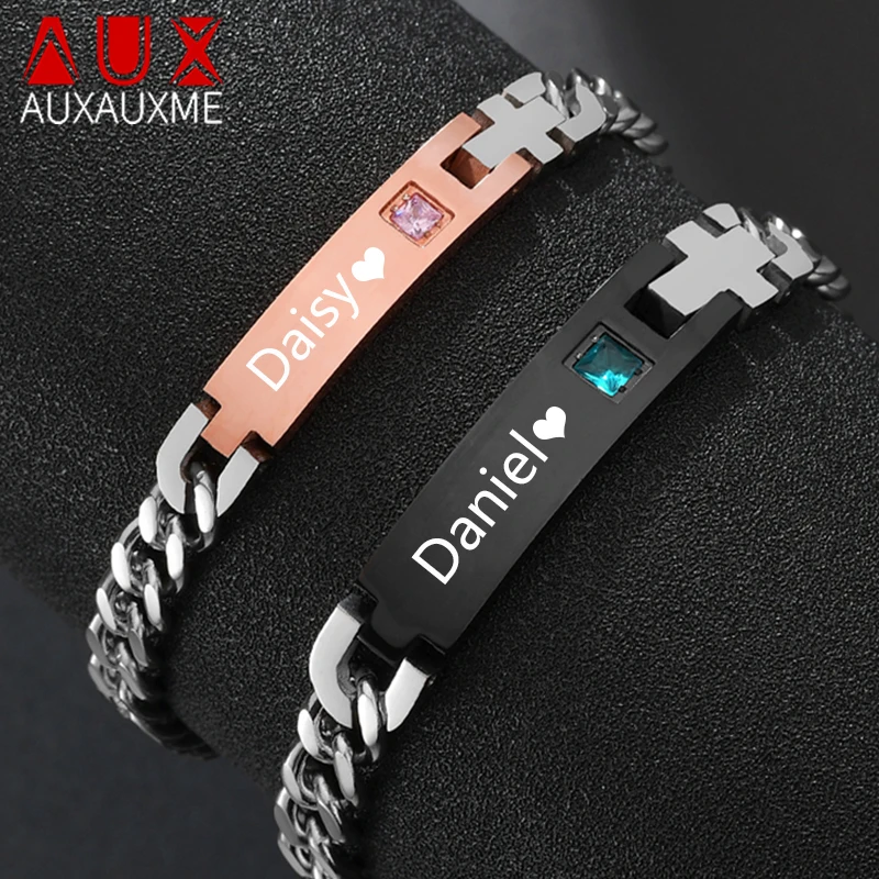 

Auxauxme Custom Couple Zircon Bracelets Stainless Steel Engrave Name Date Adjustable Wedding Jewelry Cool Men Women Bracelet