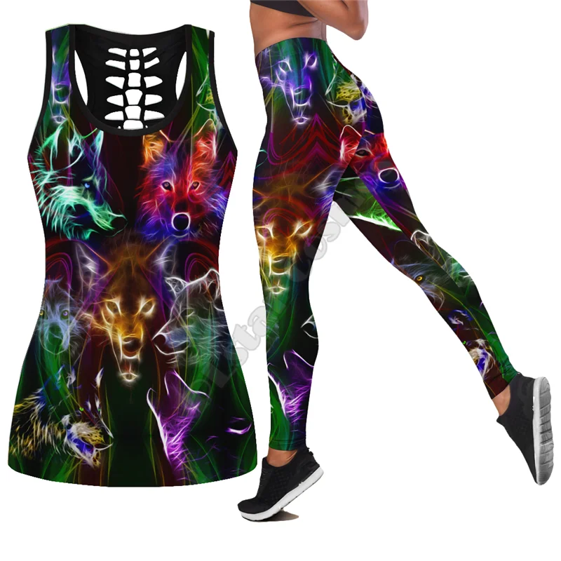 

Colorful wolf combo tattoos 3D Printed legging hollow tank combo Suit sexy Yoga Fitness Soft Legging Summer Women For Girl 02