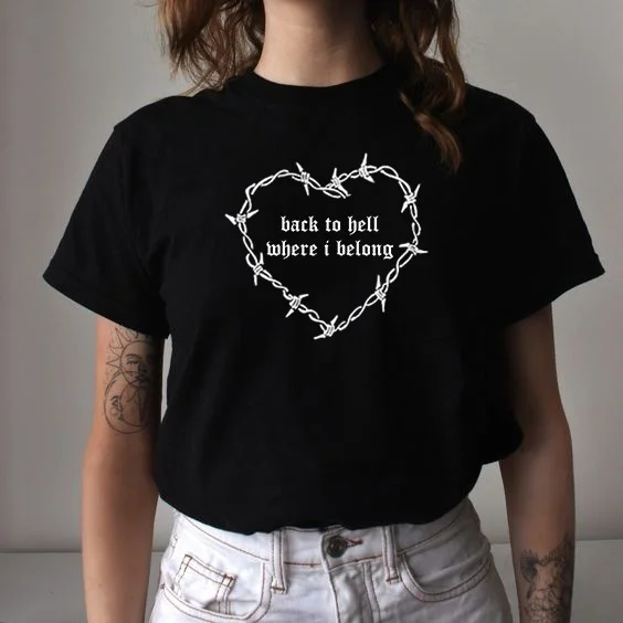 Kuakuayu HJN Back To Hell Where I Belong T-Shirt Women's Tumblr Fashion 90s Cyber Gothic Tee Casual Short Sleeves Shirt