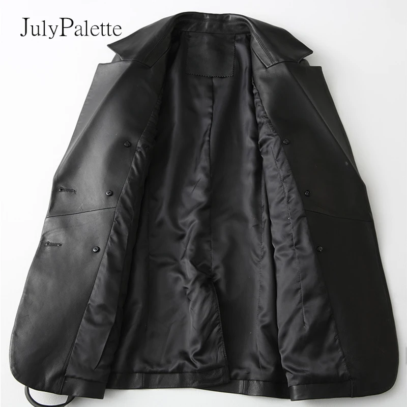 Julypalette 2022春本革ジャケットファッションダブルブレストブレザーベルト黒シープスキンの女性コートM-3XL