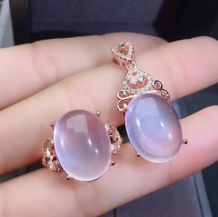 

Real Natural Rose Quartz jewelry set Natural Real Rose Quartz 925 sterling silver 1pc pendant,1pc ring