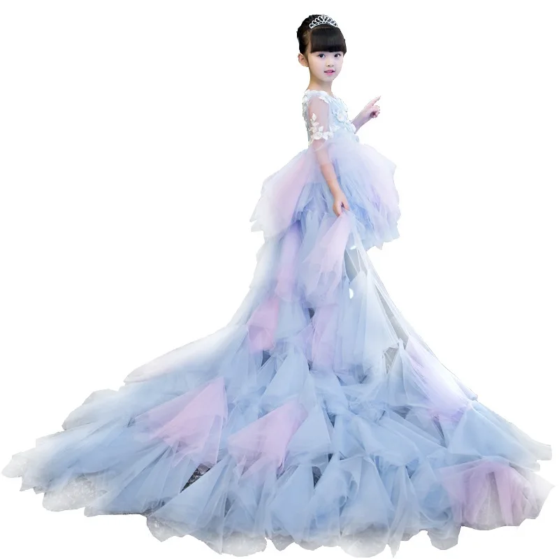 Kids First Communion Dresses Long Trailing Girls Dress Child Mermaid Long Tail Peacock Ball Gown For Wedding Evening Prom Party