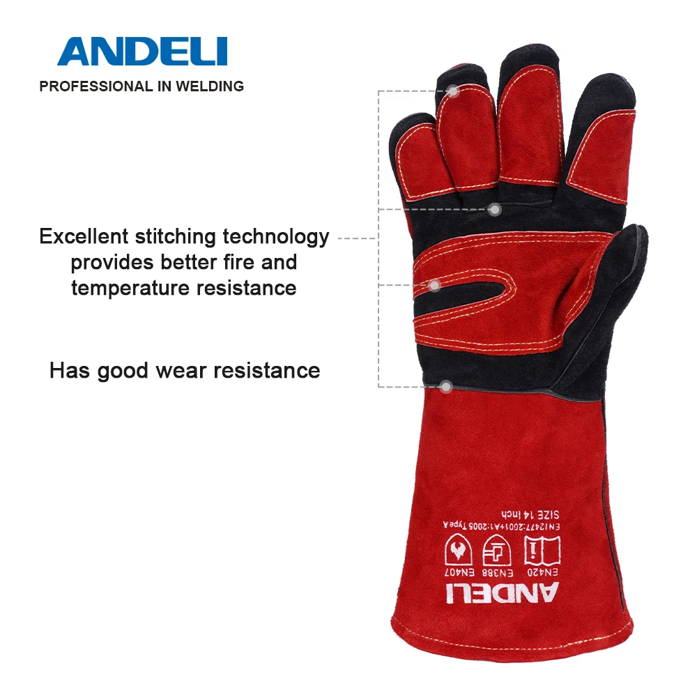 ANDELI Welding Glove 27cm Multifunctional Works Gloves Heat Resistant Mig/Stick/Tig Welder/Grill/Stove/BBQ Extra Long RED ANDEL