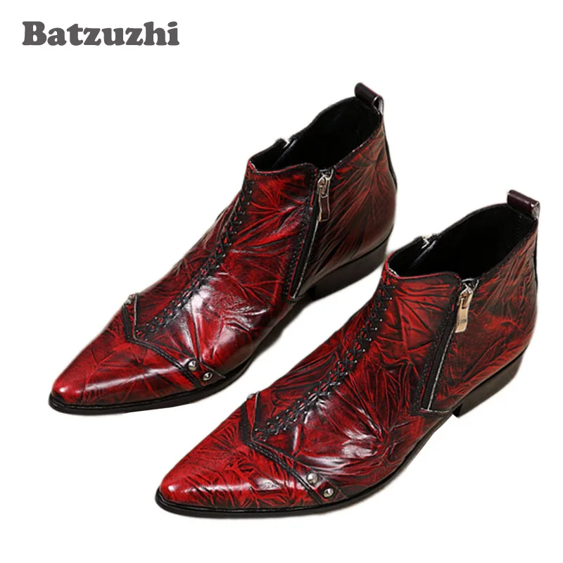 

Batzuzhi Italian Style Boots Men Fashion Red Dress Leather Boots Zip Pointed Toe Red Leather Ankle Boots for Man Party/Wedding
