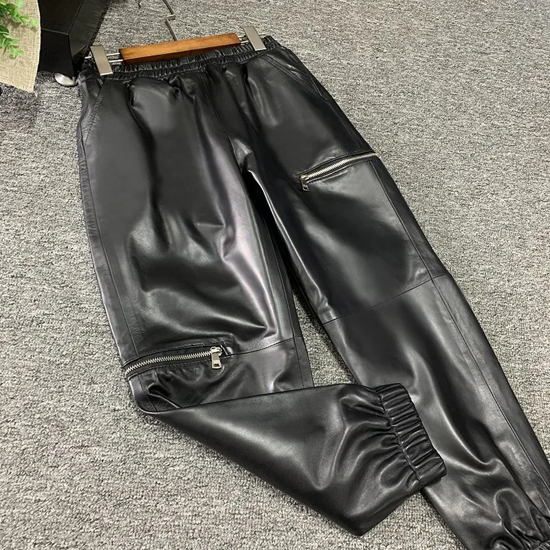 Women Causal Loose Fit Joggers Harem Pants Ankle Length Elastic Waist Sheepskin Genuine Leather Pants New Streetwear Cargo Pants